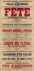 « Les samedi 2, dimanche 3, lundi 4 et mardi 5 août 1902, fête communale en souvenir de l'affranchissement de la ville d'Auxerre en août 1223 » : programme.