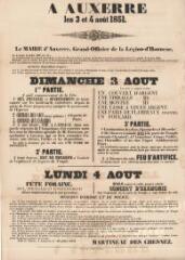 Fête patronale d’Auxerre les 3 et 4 août 1851 : arrêté et programme.