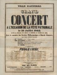 « Grand concours à l'occasion de la fête patronale le 31 juillet 1864 dans la halle aux blés » : programme du concert.