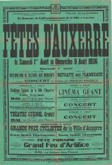 « En souvenir de l'affranchissement de la ville (1er août 1223). Fêtes d'Auxerre du samedi 1er au dimanche 9 août 1936 » : programme.