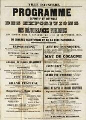 « Programme définitif et détaillé des expositions et des réjouissances publiques qui auront lieu à Auxerre du 3 au 16 septembre 1858 à l'occasion du congrès scientifique et de la fête patronale ».