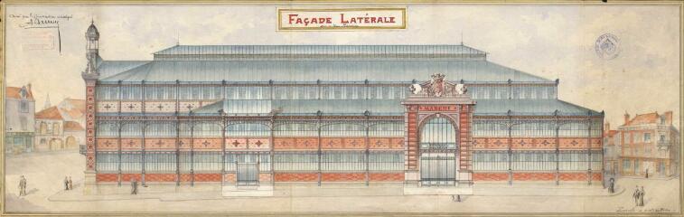 Projet Dumez pour la construction d’un marché couvert : « Façade latérale sur la rue Marceau ».