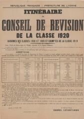 « Itinéraire du conseil de révision de la classe 1920. Ajournés des classes 1918 et 1919 et exemptés de la classe 1919 » : arrêté du préfet de l'Yonne.