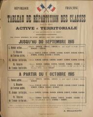 « Tableau de répartition des classes dans les armée active et territoriale et dans les réserves de ces armées 1915 » : avis du ministre de la Guerre.