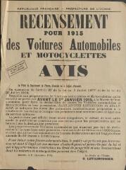 « Recensement pour 1915 des voitures automobiles et motocyclettes » : avis de Gabriel Letainturier, préfet de l’Yonne.