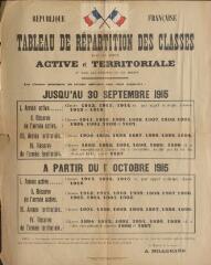 1 vue  - « Tableau de répartition des classes dans les armée active et territoriale et dans les réserves de ces armées 1915 » : avis du ministre de la Guerre. (ouvre la visionneuse)