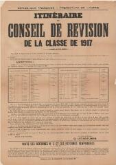 1 vue  - « Itinéraire du conseil de révision de la classe 1917 » : arrêté du préfet de l\'Yonne. (ouvre la visionneuse)