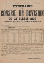 1 vue  - « Itinéraire du conseil de révision de la classe 1920. Ajournés des classes 1918 et 1919 et exemptés de la classe 1919 » : arrêté du préfet de l\'Yonne. (ouvre la visionneuse)