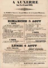 1 vue  - Fête patronale d’Auxerre les 3 et 4 août 1851 : arrêté et programme. (ouvre la visionneuse)