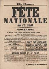 1 vue  - « Fête nationale du 15 août » [1854] : programme et mesures d\'ordre et de police sous forme d\'arrêté. (ouvre la visionneuse)