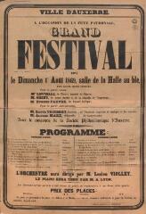 1 vue  - « À l\'occasion de la fête patronale, grand festival donné le dimanche 1er août 1869, salle de la halle au blé » : programme du concert. (ouvre la visionneuse)