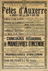 1 vue  - « En souvenir de l\'affranchissement de la ville (1er août 1223). Fêtes d\'Auxerre, du samedi 6 août au lundi 15 août 1938 » : programme. (ouvre la visionneuse)