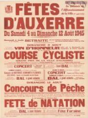1 vue  - « En souvenir de l\'affranchissement de la ville (1er août 1223). Fêtes d’Auxerre, du samedi 4 au dimanche 12 août 1945 » : programme. Exemplaire rouge. (ouvre la visionneuse)