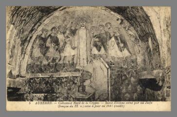 1 vue  - 5. Auxerre. Collatéral Nord de la Crypte : \' Saint-Étienne cerné par les Juifs \' (fresque du IXe siècle) (ouvre la visionneuse)