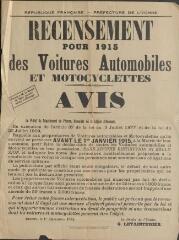 1 vue  - « Recensement pour 1915 des voitures automobiles et motocyclettes » : avis de Gabriel Letainturier, préfet de l’Yonne. (ouvre la visionneuse)