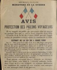 1 vue  - « Avis. Protection des pigeons voyageurs » : avis du ministère de la Guerre. (ouvre la visionneuse)
