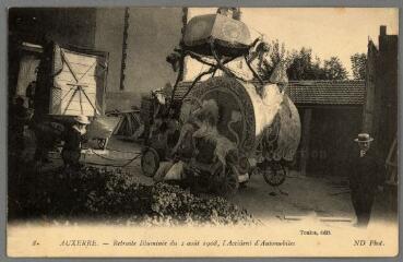 1 vue  - 8. Auxerre. Retraite Illuminée du 2 août 1908, l\'Accident d\'automobiles. (ouvre la visionneuse)