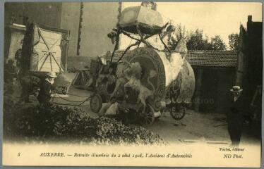 1 vue  - 8. Auxerre. Retraite Illuminée du 2 août 1908, l\'Accident d\'automobiles. (ouvre la visionneuse)