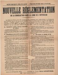 1 vue  - « Nouvelle réglementation de la circulation dans la zone de l’intérieur » : avis de Gabriel Letainturier, préfet de l’Yonne. (ouvre la visionneuse)