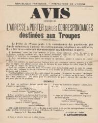 1 vue  - « Avis concernant l’adresse à porter sur les correspondances destinées aux troupes » : avis de Gabriel Letainturier, préfet de l’Yonne. (ouvre la visionneuse)