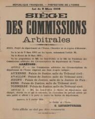 1 vue  - « Siège des commissions arbitrales » : arrêté du préfet de l’Yonne. (ouvre la visionneuse)