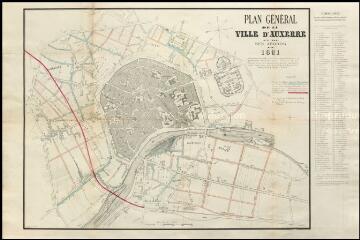 1 vue « Plan général de la ville d'Auxerre et de ses abords en 1881 avec indication des nouvelles rues et voies de communication qu'il est opportun de tracer ou d'arrêter en principe. D'une part : entre les boulevards intérieurs et le chemin de ceinture formant boulevard extérieur, d'autre part entre la rive droite de l'Yonne et le chemin de fer de Laroche à Nevers » G. Rouillé Auxerre (1:4000e) : fonds de plan vierge.