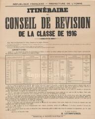 1 vue « Itinéraire du conseil de révision de la classe 1916 » : arrêté du préfet de l'Yonne.