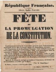 1 vue  - « Fête de la promulgation de la Constitution » : avis du maire d’Auxerre. (ouvre la visionneuse)
