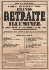 1 vue  - « Samedi 29 juillet 1854, grande retraite illuminée à l’occasion de la fête patronale d’Auxerre » : programme et mesures d’ordre. (ouvre la visionneuse)