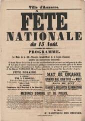 1 vue  - « Fête nationale du 15 août » [1854] : programme et mesures d\'ordre et de police sous forme d\'arrêté. (ouvre la visionneuse)