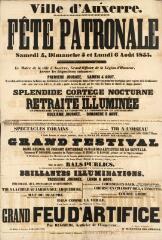 1 vue  - « Fête patronale. Samedi 4, dimanche 5 et lundi 6 août 1855 » : programme. (ouvre la visionneuse)