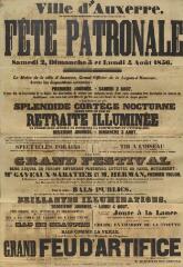 1 vue  - « Fête patronale samedi 2, dimanche 3 et lundi 4 août 1856 » : programme. (ouvre la visionneuse)