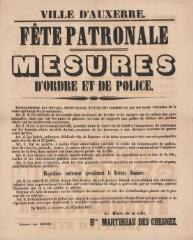 1 vue  - « Fête patronale. Mesures d\'ordre et de police » : arrêté du maire d’Auxerre. (ouvre la visionneuse)