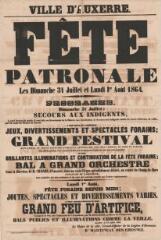1 vue  - « Fête patronale les dimanche 31 juillet et lundi 1er août 1864 » : programme. (ouvre la visionneuse)
