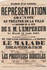1 vue  - « Représentation gratuite au théâtre de la ville à l\'occasion de la fête de S.M. l\'Empereur le mardi 15 août 1865 » : programme. (ouvre la visionneuse)