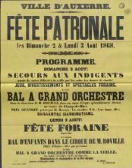 1 vue  - « Fête patronale les dimanche 2 et lundi 3 août 1868 » : programme. (ouvre la visionneuse)