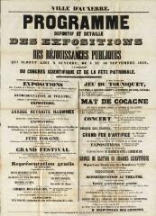 1 vue  - « Programme définitif et détaillé des expositions et des réjouissances publiques qui auront lieu à Auxerre du 3 au 16 septembre 1858 à l\'occasion du congrès scientifique et de la fête patronale ». (ouvre la visionneuse)