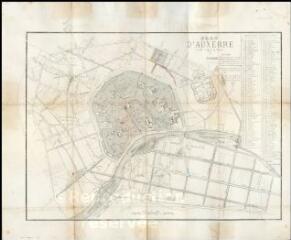 1 vue  - « Plan d\'Auxerre 1873 » : fonds de plan avec projets d\'aménagements (ouverture de voies et conduites d\'eau) Impr. Et lith. A. Gallot à Auxerre (ouvre la visionneuse)