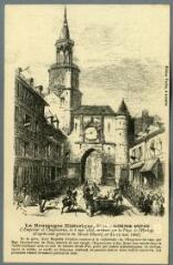 1 vue  - La Bourgogne Historique. Auxerre ancien - n° 21. L\'Empereur et l\'Impératrice, le 6 mai 1866, arrivent sur la Place de l\'Horloge (d’après une gravure du ‘‘Monde illustré’’, n° du 12 mai 1866) (ouvre la visionneuse)