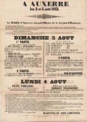 1 vue - Fête patronale d’Auxerre les 3 et 4 août 1851 : arrêté et programme. (ouvre la visionneuse)
