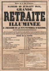 1 vue - « Samedi 29 juillet 1854, grande retraite illuminée à l’occasion de la fête patronale d’Auxerre » : programme et mesures d’ordre. (ouvre la visionneuse)