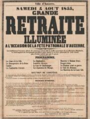 1 vue - « Samedi 4 août 1855, grande retraite illuminée à l’occasion de la fête patronale d’Auxerre » : programme et mesures d’ordre. (ouvre la visionneuse)