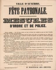 1 vue - « Fête patronale. Mesures d\'ordre et de police » : arrêté du maire. (ouvre la visionneuse)