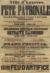 1 vue - « Fête patronale samedi 2, dimanche 3 et lundi 4 août 1856 » : programme. (ouvre la visionneuse)