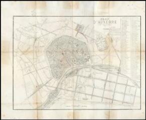 1 vue - « Plan d\'Auxerre 1873 » : fonds de plan avec projets d\'aménagements (ouverture de voies et conduites d\'eau) Impr. Et lith. A. Gallot à Auxerre (ouvre la visionneuse)
