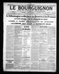 4 vues - Le Bourguignon : journal de la démocratie radicale-socialiste, n° 180, mardi 4 août 1914 (ouvre la visionneuse)