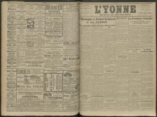 2 vues - L\'Yonne, journal du département, n° 187, mardi 4 août 1914 (ouvre la visionneuse)
