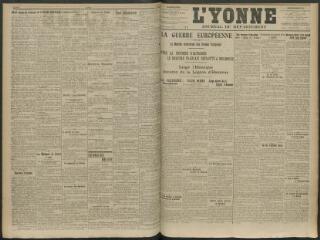 2 vues - L\'Yonne, journal du département, n° 192, lundi 10 août 1914 (ouvre la visionneuse)